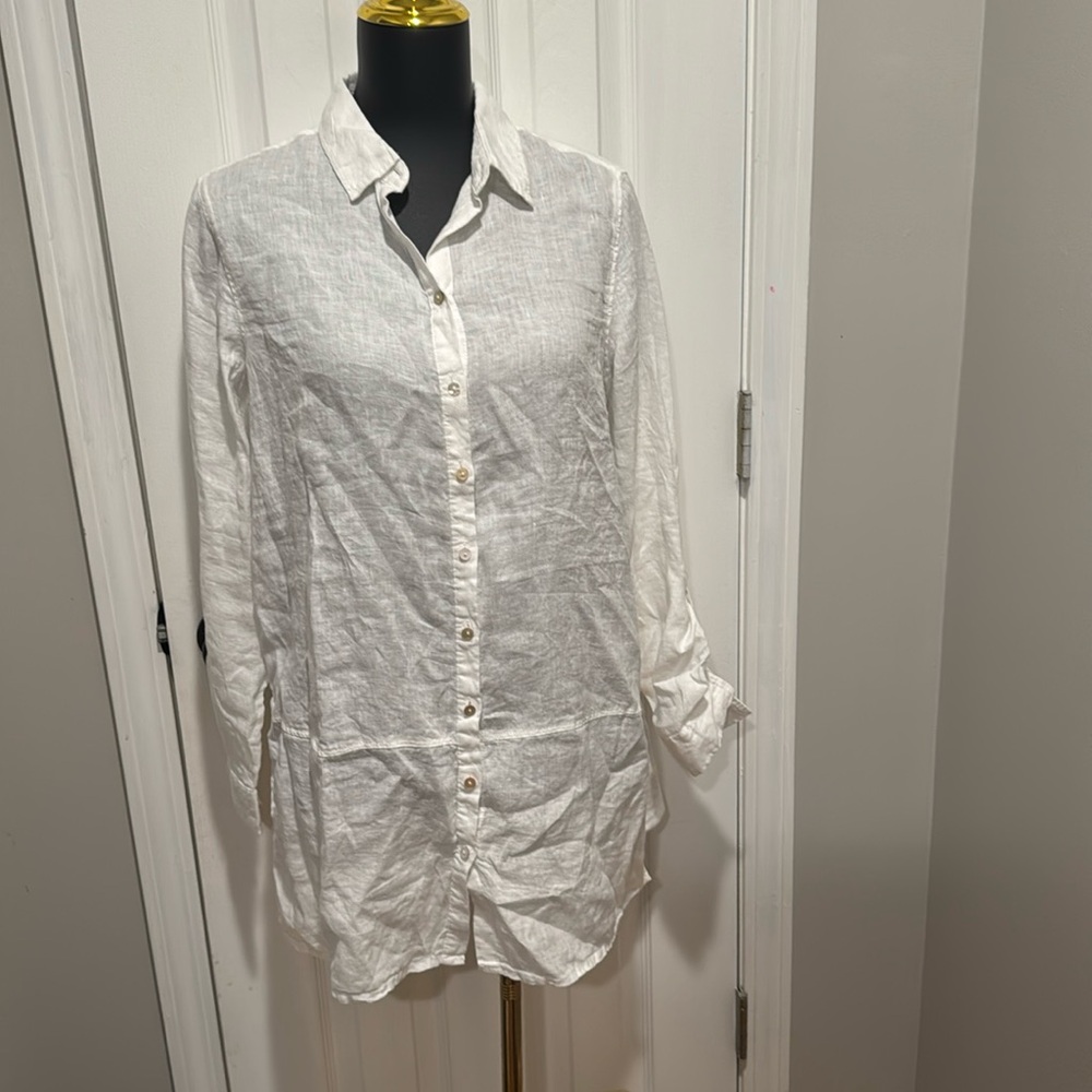 Tahari 100% Linen Button Front Tunic Shirt Women M White Minimalist.